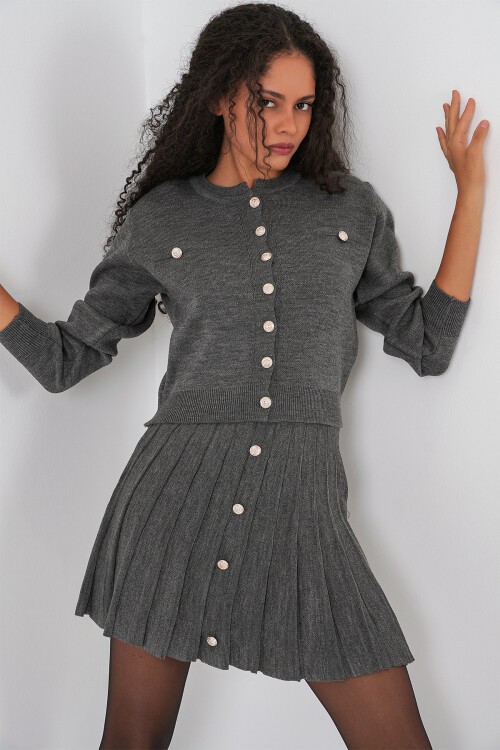 Kadın Triko Hırka Etek İkili Takım 15942 - Antrasit