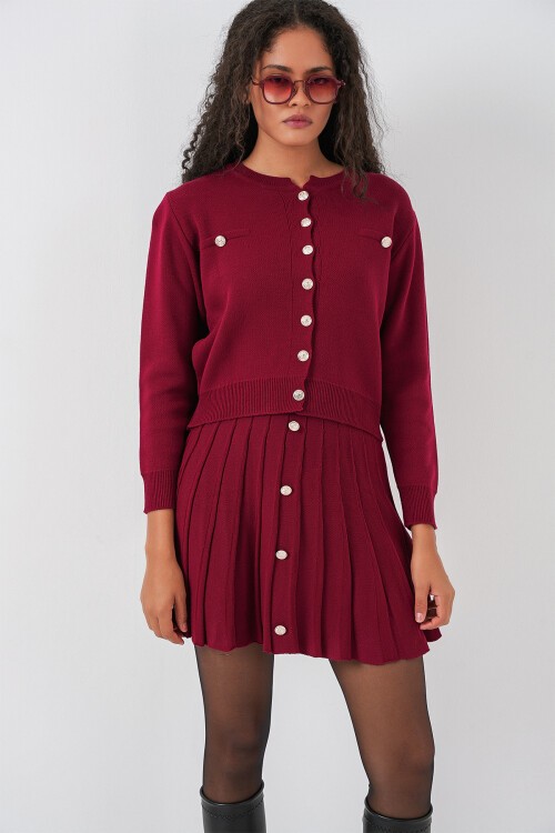 Kadın Triko Hırka Etek İkili Takım 15942 - Bordo