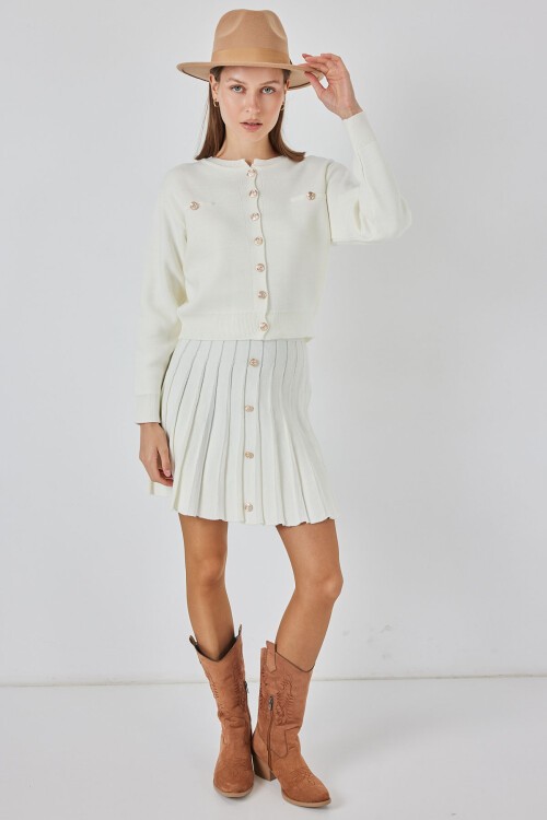 Kadın Triko Hırka Etek İkili Takım 15942 - Ekru