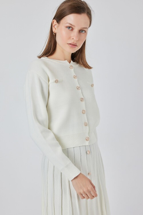 Kadın Triko Hırka Etek İkili Takım 15942 - Ekru