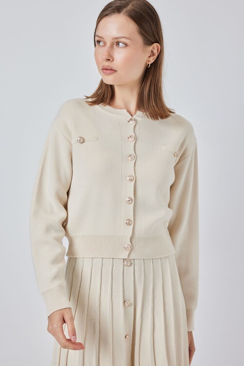 Kadın Triko Hırka Etek İkili Takım 15942 - Krem