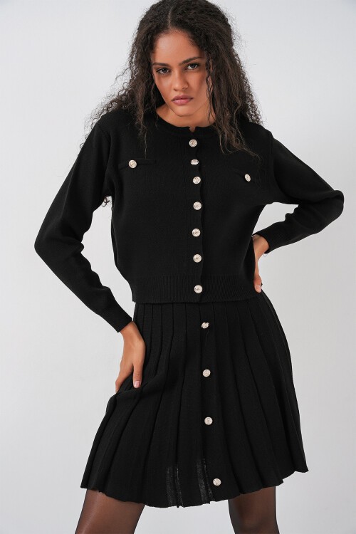 Kadın Triko Hırka Etek İkili Takım 15942 - Siyah