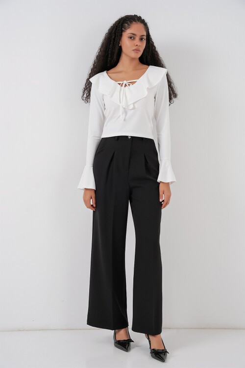 Kadın Uzun Kol Crop Bluz 979 - Beyaz