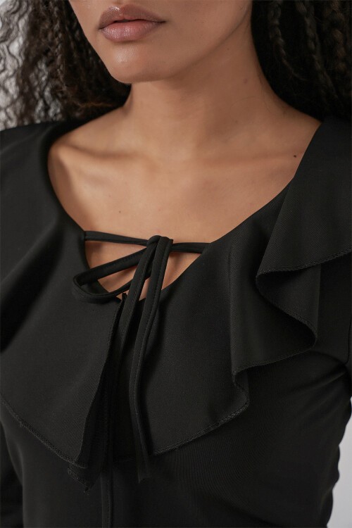 Kadın Uzun Kol Crop Bluz 979 - Siyah