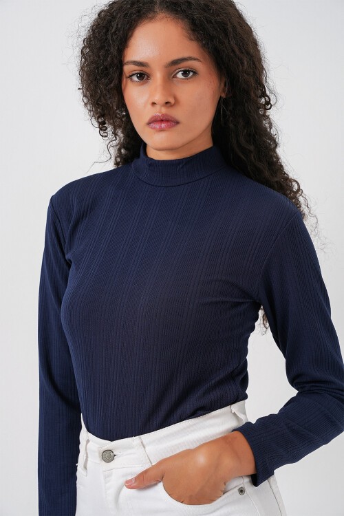 Kadın Uzun Kollu Fitilli Body 976 - Lacivert