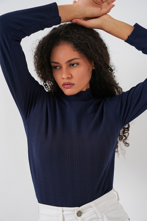 Kadın Uzun Kollu Fitilli Body 976 - Lacivert