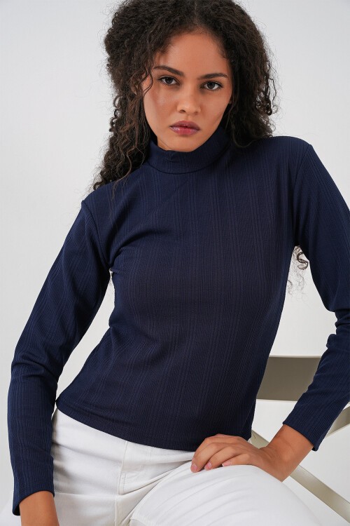 Kadın Uzun Kollu Fitilli Body 976 - Lacivert