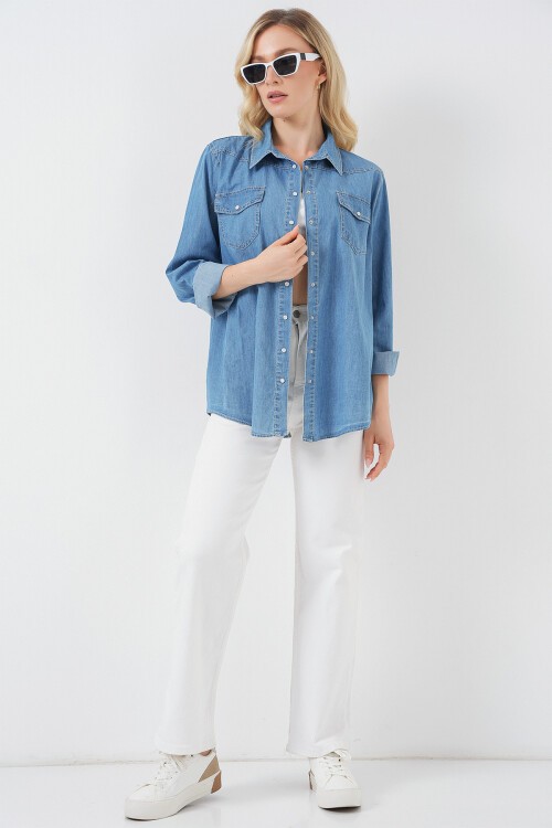 Kadın Uzun Kot Gömlek 20318 - Mavi