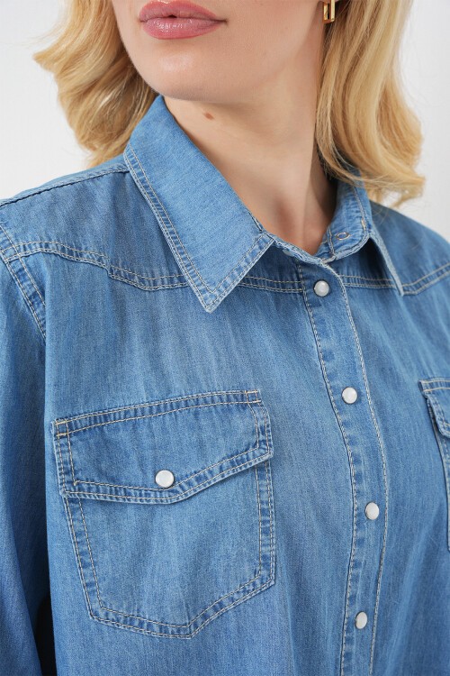 Kadın Uzun Kot Gömlek 20318 - Mavi