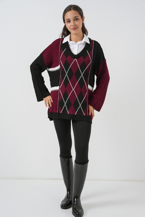 Kadın V Yaka Desenli Triko Kazak 15933 - Bordo