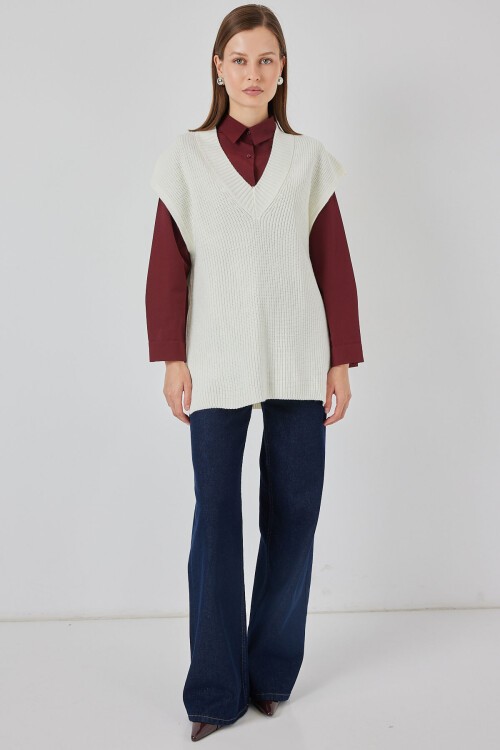 Kadın V Yaka Triko Süveter 15925 - Beyaz