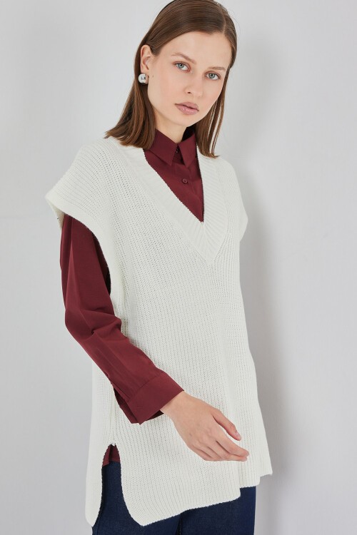 Kadın V Yaka Triko Süveter 15925 - Beyaz