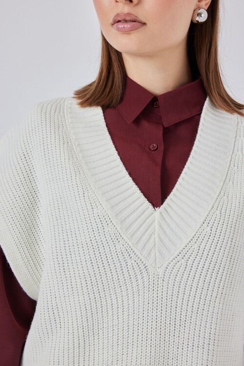 Kadın V Yaka Triko Süveter 15925 - Beyaz