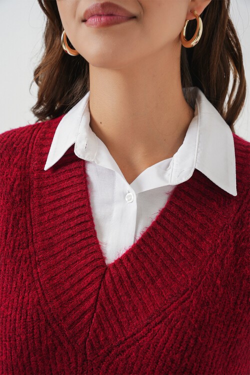 Kadın V Yaka Triko Süveter 15925 - Bordo