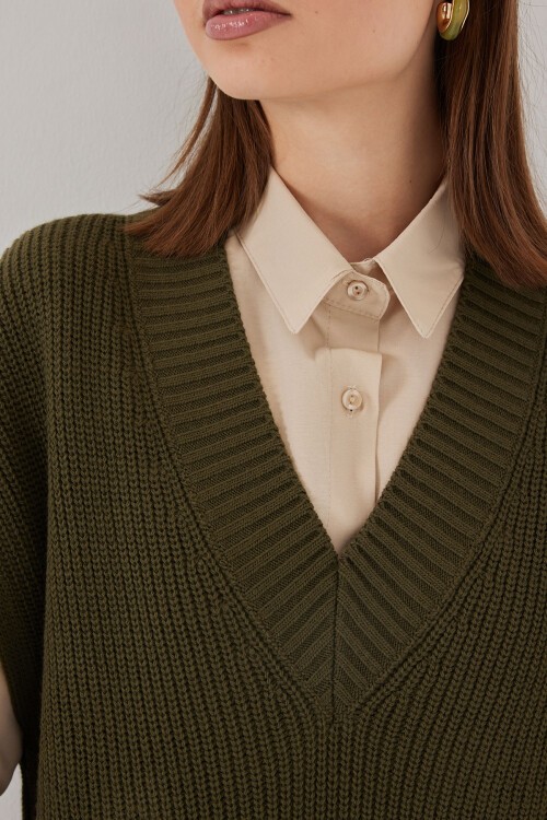 Kadın V Yaka Triko Süveter 15925 - Haki