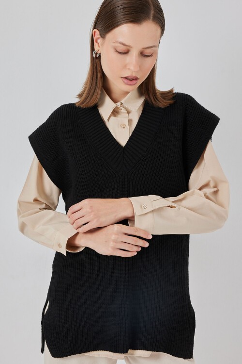 Kadın V Yaka Triko Süveter 15925 - Siyah