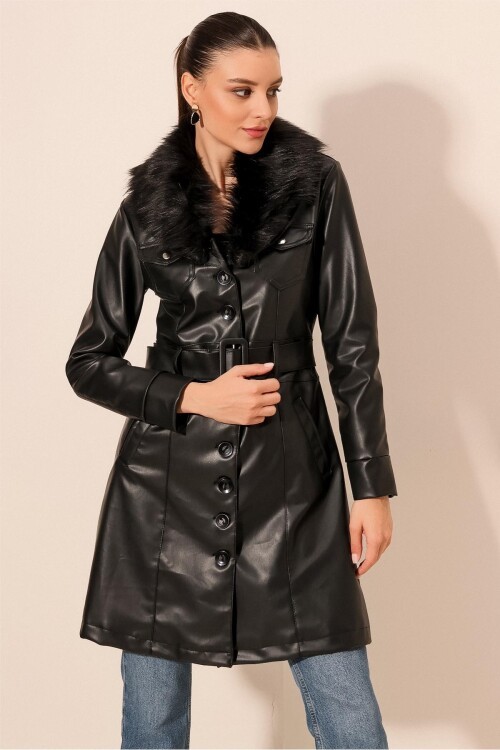 Kadın Yakası Kürklü Deri Kaban 1048 - Siyah