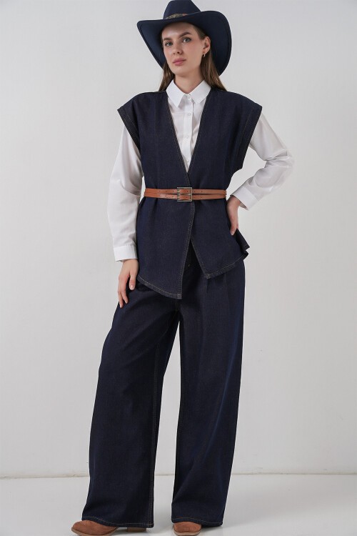 Kadın Yelek Pantolon Kot İkili Takım 30062 - Koyu Mavi