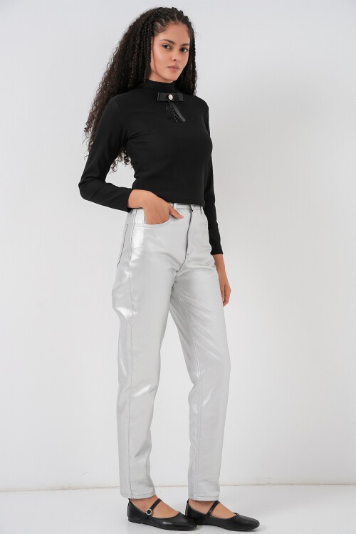 Kadın Yüksek Bel Parlak Pantolon 6738 - Gümüş