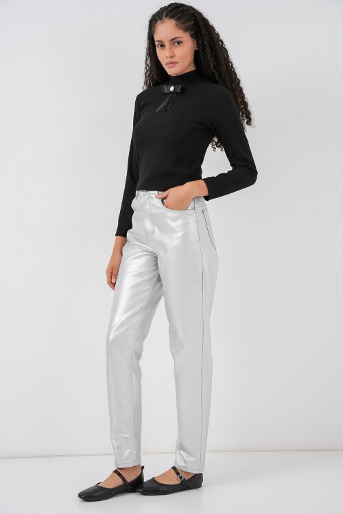 Kadın Yüksek Bel Parlak Pantolon 6738 - Gümüş