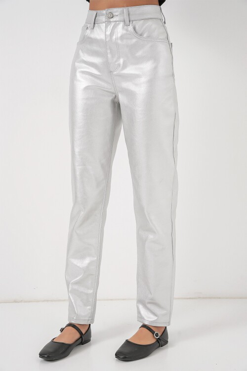 Kadın Yüksek Bel Parlak Pantolon 6738 - Gümüş