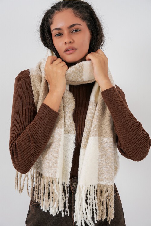 Kadın Yumuşak Dokulu Kalın Şal Atkı 15951 - Vizon