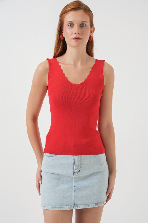 Kadın Zikzaklı V Yaka Bluz 15930 - Kırmızı