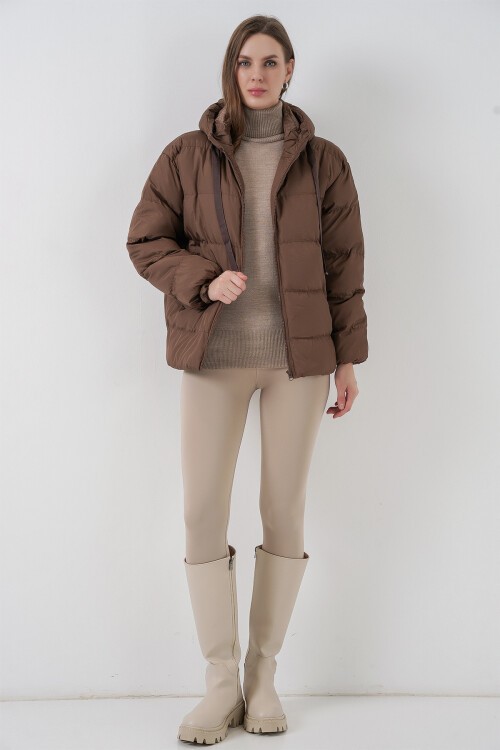 Merterium 5117 Kapşonlu Şişme Mont - Cappucino