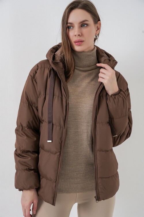 Merterium 5117 Kapşonlu Şişme Mont - Cappucino