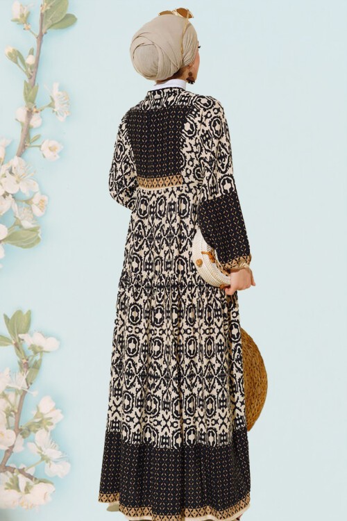 Merterium Desenli Tesettür Elbise - Siyah