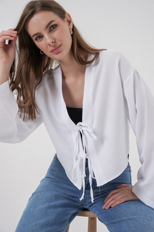 Önü Bağlamalı Keten Kimono 960 - Beyaz