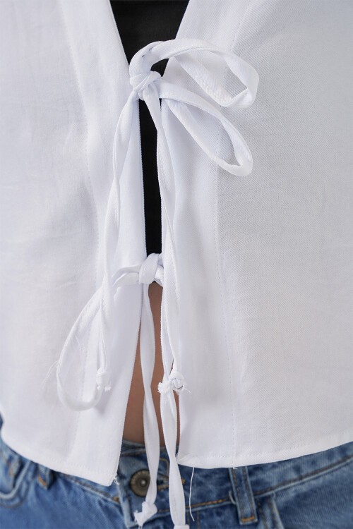 Önü Bağlamalı Keten Kimono 960 - Beyaz