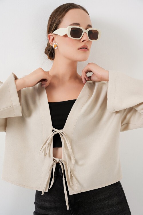 Önü Bağlamalı Keten Kimono 960 - Ekru
