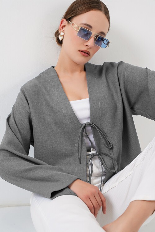 Önü Bağlamalı Keten Kimono 960 - Gri