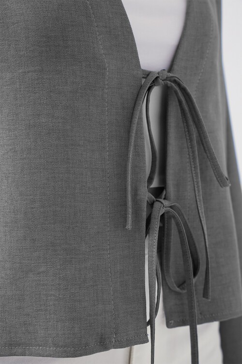 Önü Bağlamalı Keten Kimono 960 - Gri