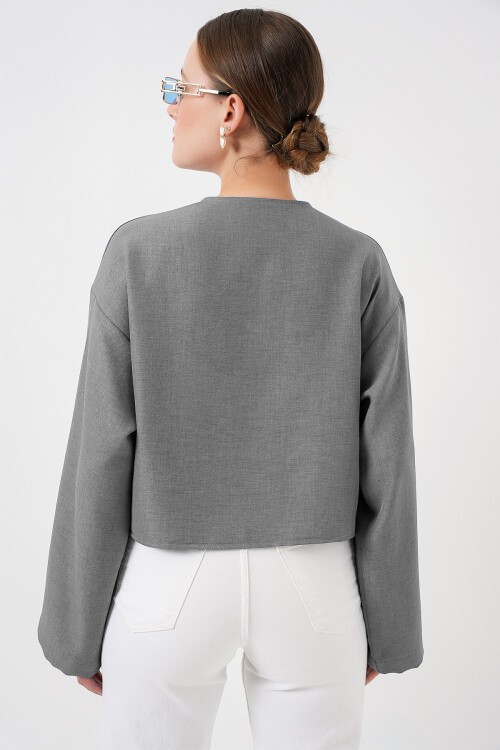 Önü Bağlamalı Keten Kimono 960 - Gri