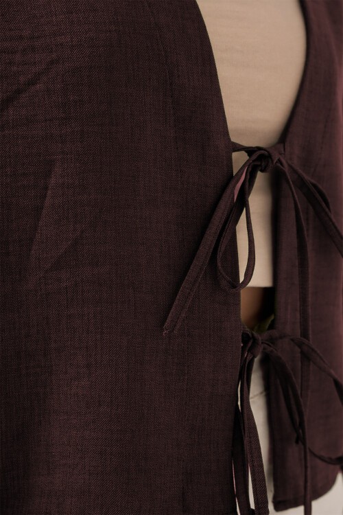 Önü Bağlamalı Keten Kimono 960 - Kahverengi