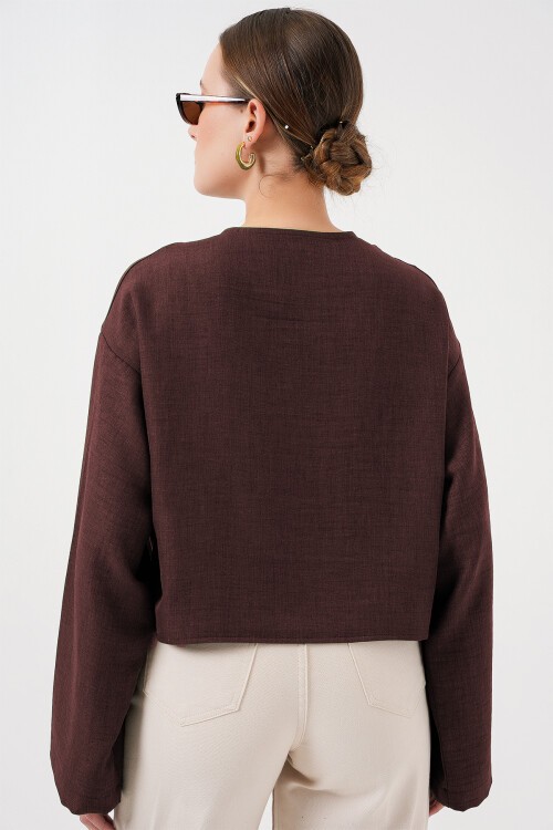 Önü Bağlamalı Keten Kimono 960 - Kahverengi