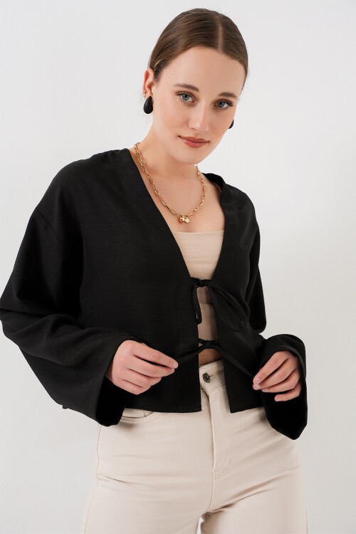 Önü Bağlamalı Keten Kimono 960 - Siyah