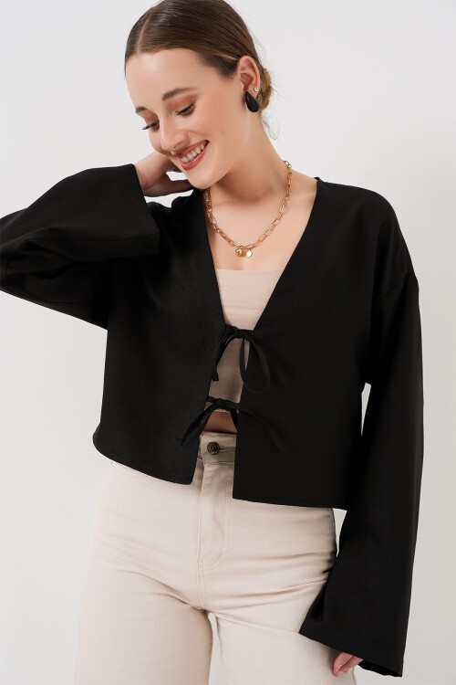 Önü Bağlamalı Keten Kimono 960 - Siyah