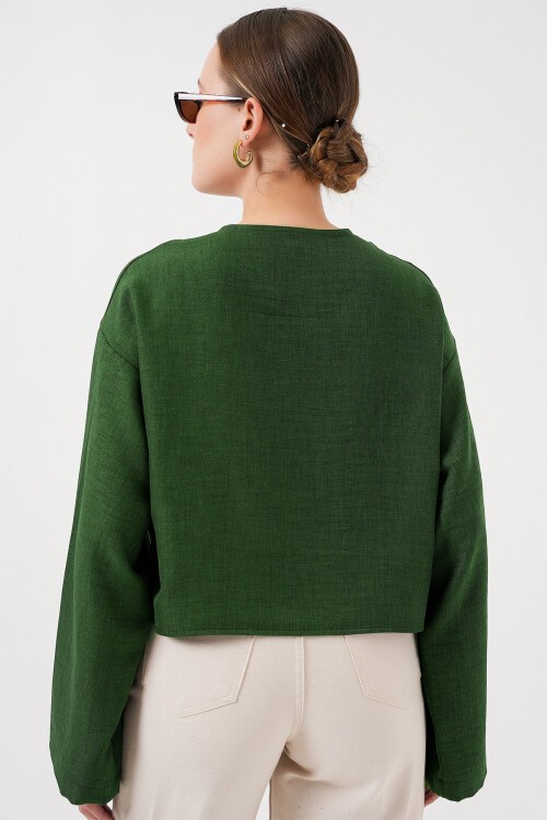 Önü Bağlamalı Keten Kimono 960 - Zümrüt Yeşili