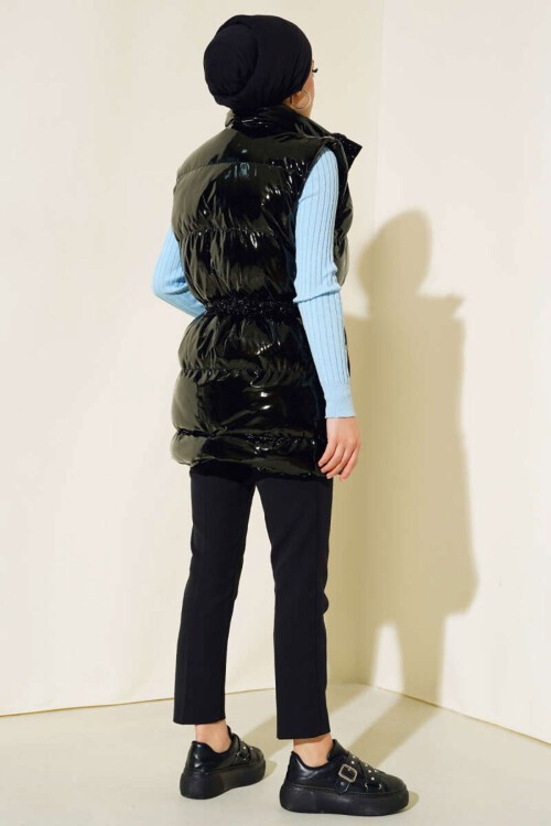 T10233 Kapüşonlu Uzun Tesettür Yelek - Siyah