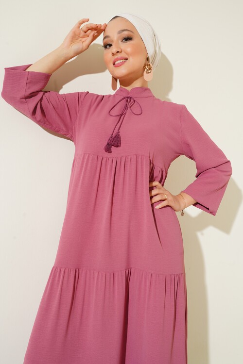 T1627 Yaka Bağcıklı Elbise - A. Pembe