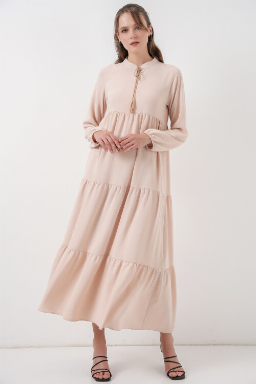 T1627 Yaka Bağcıklı Elbise - C. Bej
