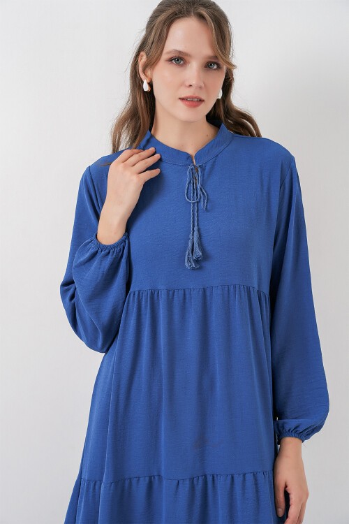 T1627 Yaka Bağcıklı Elbise - C.Saks