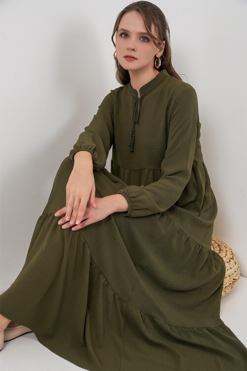 T1627 Yaka Bağcıklı Elbise - D.Haki