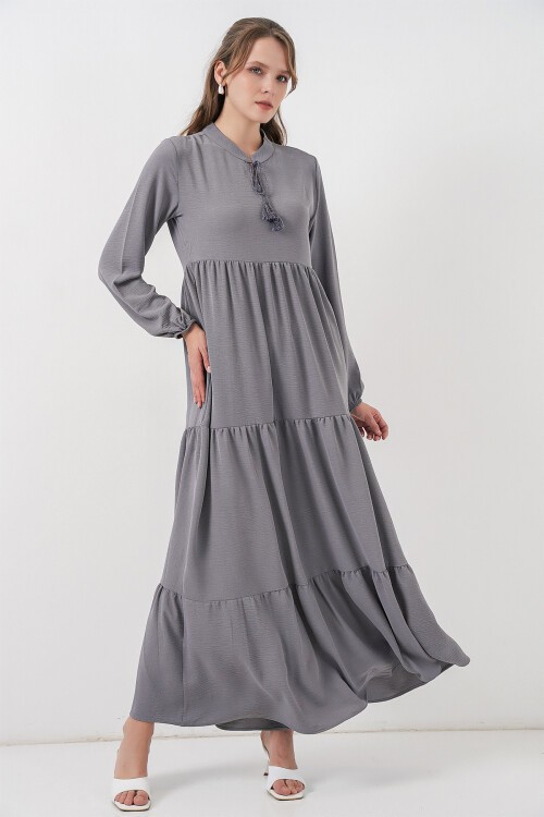 T1627 Yaka Bağcıklı Elbise - Gri