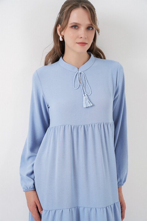 T1627 Yaka Bağcıklı Elbise - Koyu Mavi