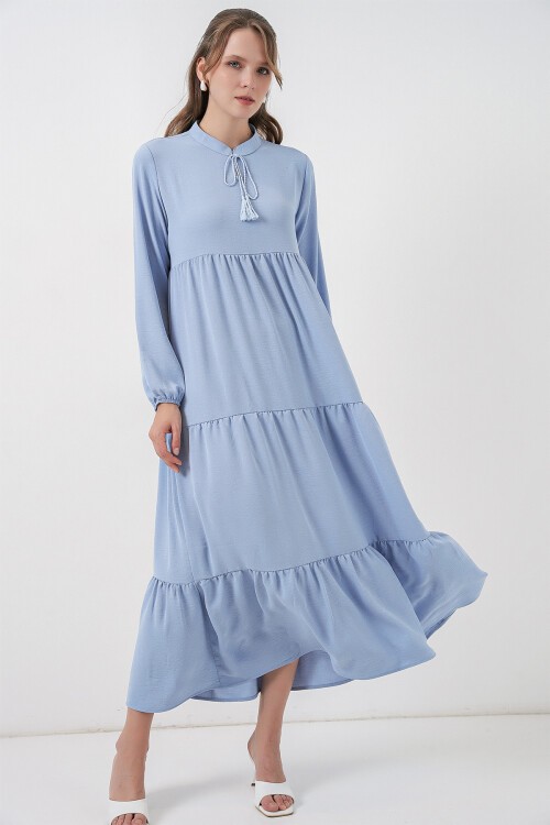 T1627 Yaka Bağcıklı Elbise - Koyu Mavi
