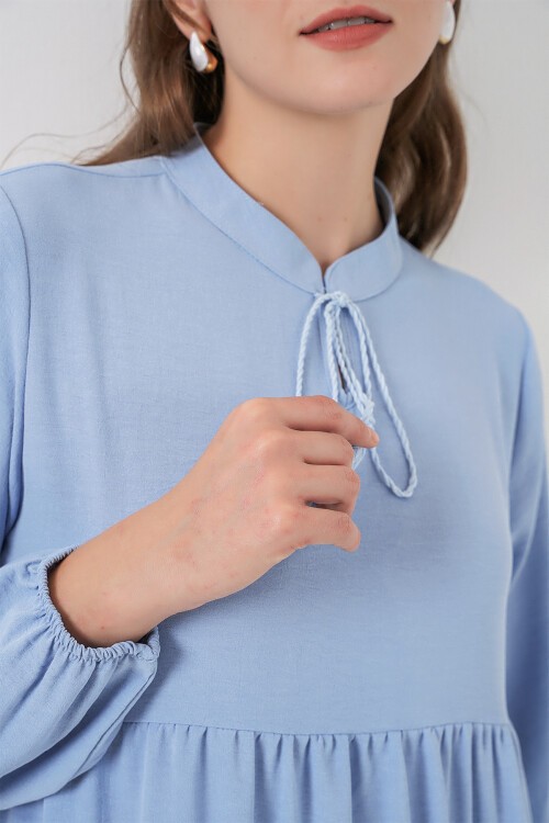 T1627 Yaka Bağcıklı Elbise - Koyu Mavi